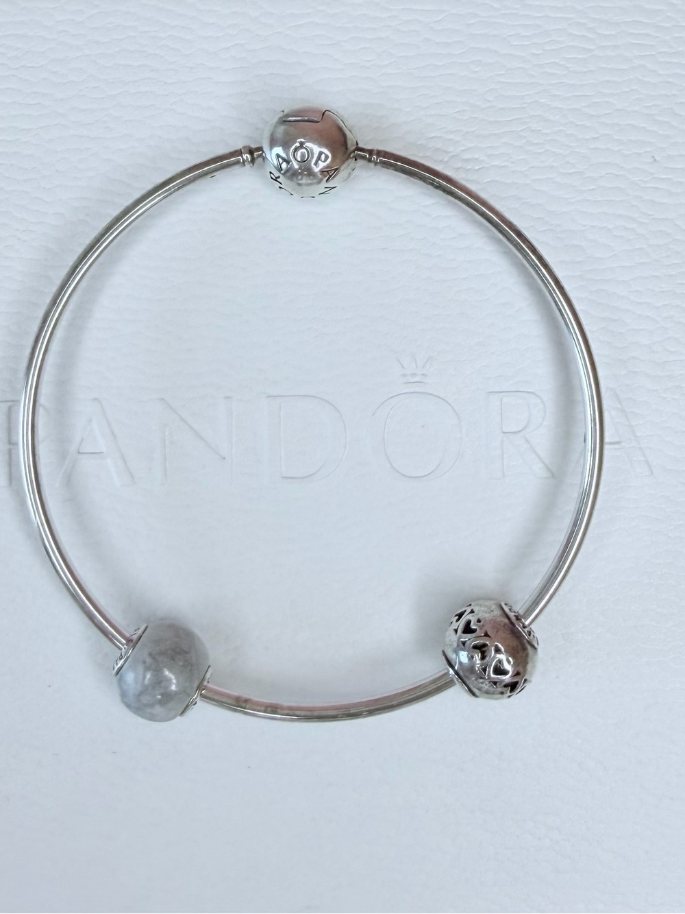 Pandora Silver Essence Co. Bracelet with Gray Accent Bead and Filigree Charm